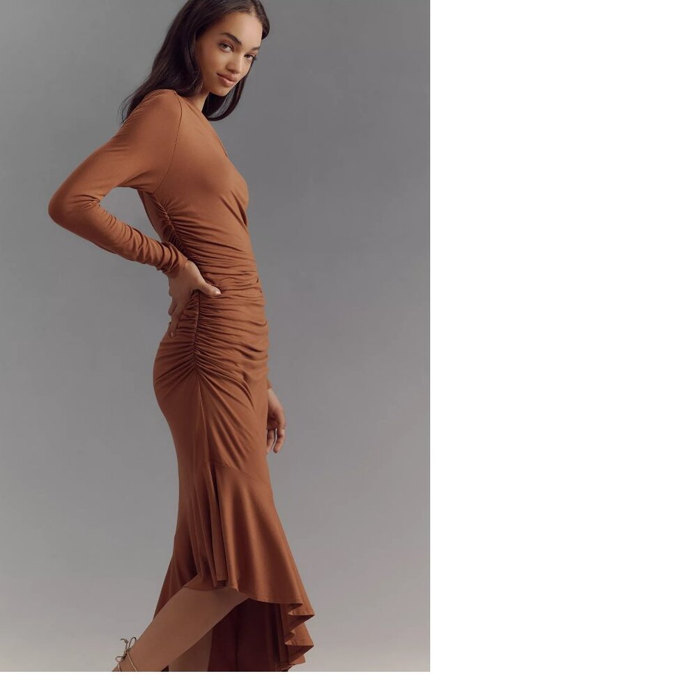 By Anthropologie Long-Sleeve Off-The-Shoulder Asymmetric Slim Midi Dress - Picture 2 of 5
